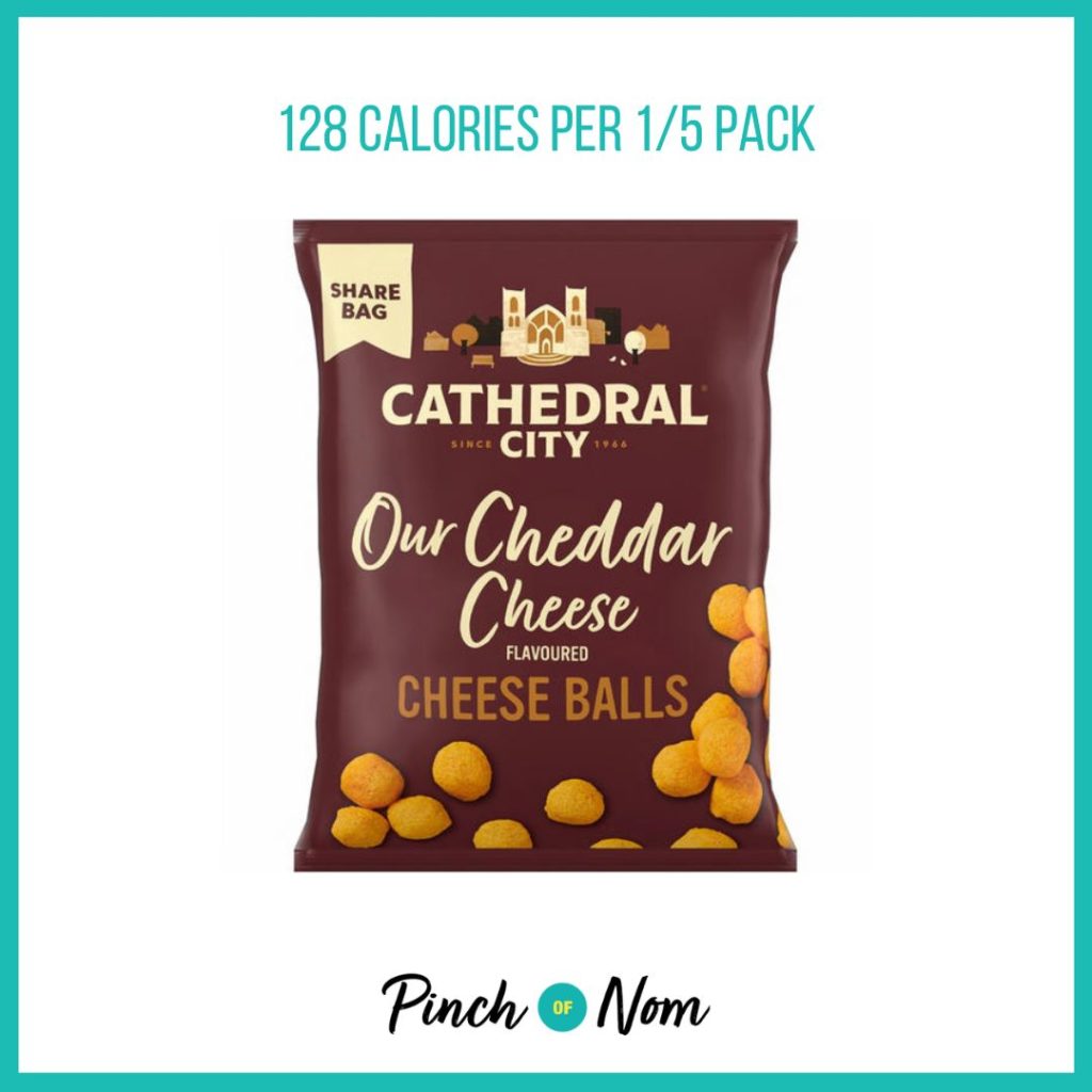 Cathedral City Our Cheddar Cheese Flavoured Cheese Balls, featured in Pinch of Nom's Weekly Pinch of Shopping with the calorie count printed above (128 calories per 1/5 pack).