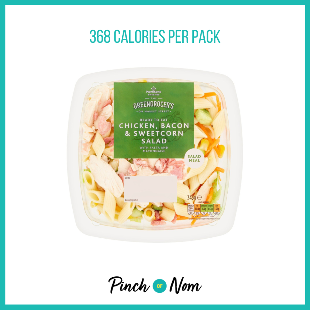 Chicken, Bacon & Sweetcorn Pasta Salad, featured in Pinch of Nom's Weekly Pinch of Shopping with the calorie count printed above (368 calories per pack).