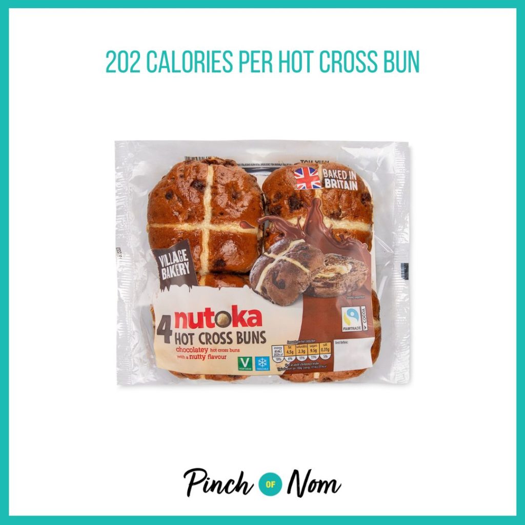 Village Bakery Nutoka Hot Cross Buns, featured in Pinch of Nom's Weekly Pinch of Shopping with the calorie count printed above (202 calories per hot cross bun) 