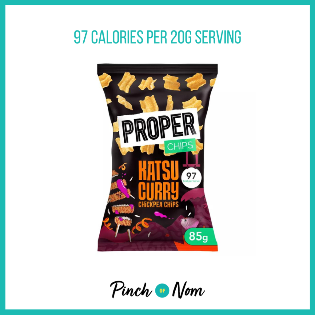 Proper Katsu Curry Flavour Chickpea Chips, featured in Pinch of Nom's Weekly Pinch of Shopping with the calorie count printed above (97 calories per 20g serving).