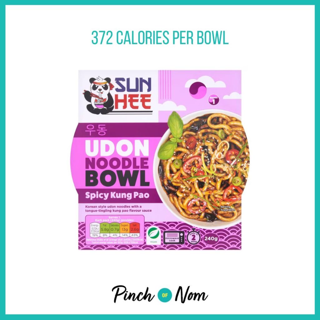 Sun Hee Spicy Kung Pao Udon Noodle Bowl, featured in Pinch of Nom's Weekly Pinch of Shopping with the calorie count printed above (371 calories per bowl).