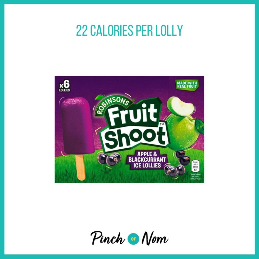 Fruit Shoots Mini's Apple & Blackcurrant Lolly, featured in Pinch of Nom's Weekly Pinch of Shopping with the calorie count printed above (22 calories per lolly) 