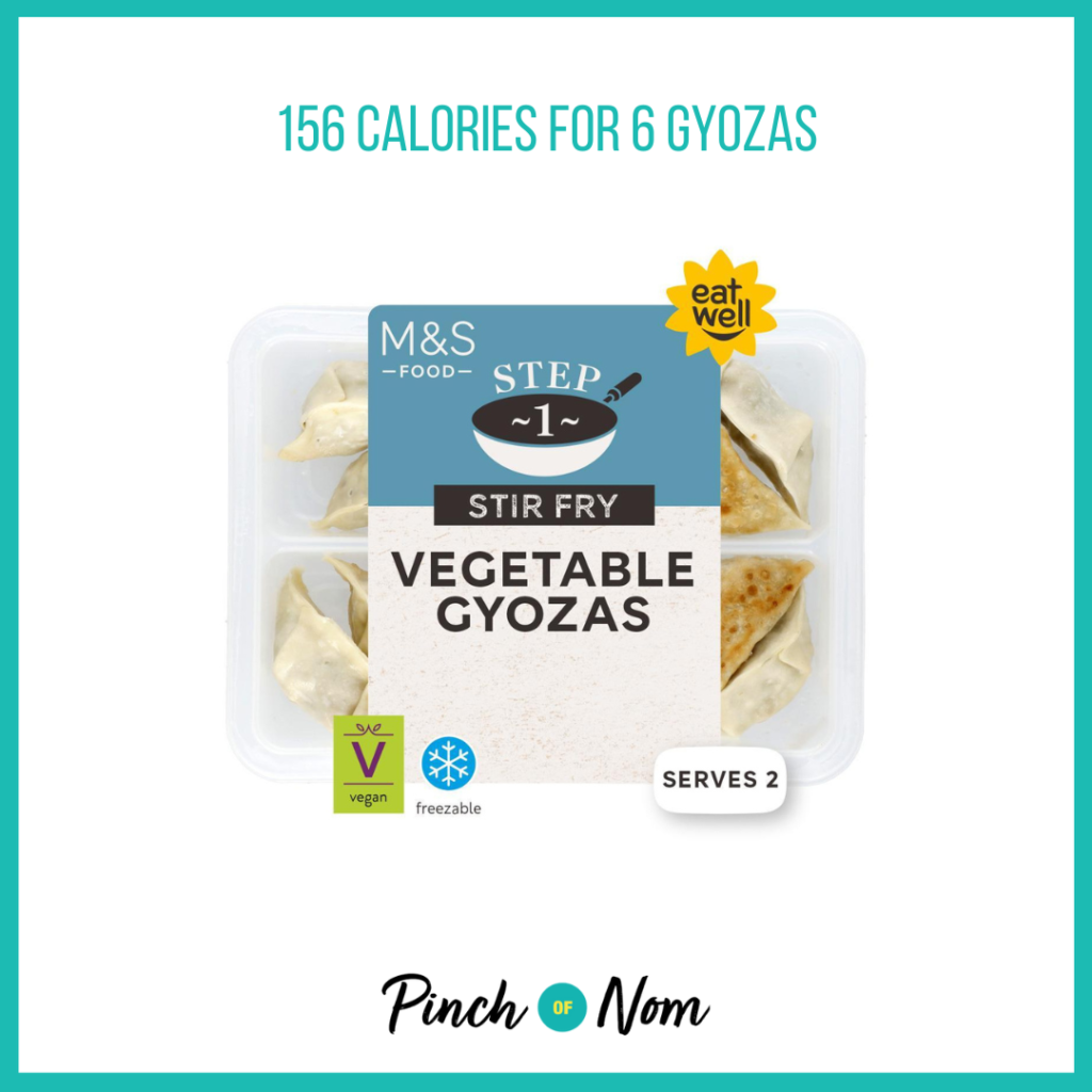 M&S Vegetable Gyozas, featured in Pinch of Nom's Weekly Pinch of Shopping with the calorie count printed above (156 calories for 6 gyozas).