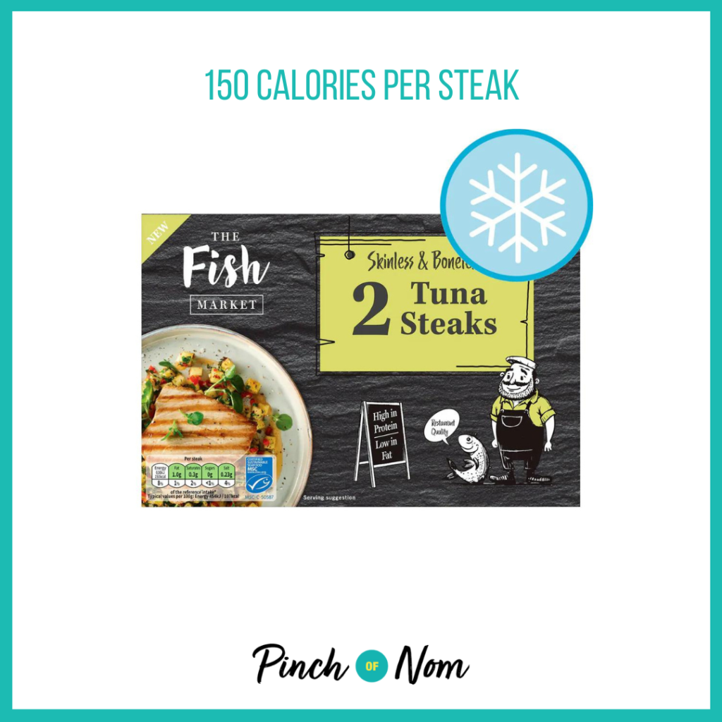 The Fish Market Skinless & Boneless Tuna Steaks, featured in Pinch of Nom's Weekly Pinch of Shopping with the calorie count printed above (150 calories per steak).