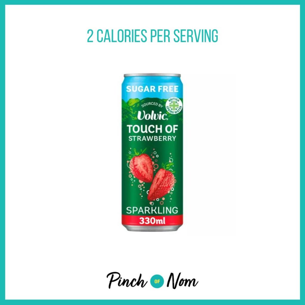 Volvic Touch of Strawberry Sparkling, featured in Pinch of Nom's Weekly Pinch of Shopping with the calorie count printed above (2 calories per serving).