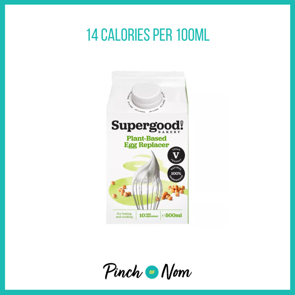 Supergood! Bakery Plant-Based Egg Replacer, featured in Pinch of Nom's Weekly Pinch of Shopping with the calorie count printed above (14 calories per 100ml).