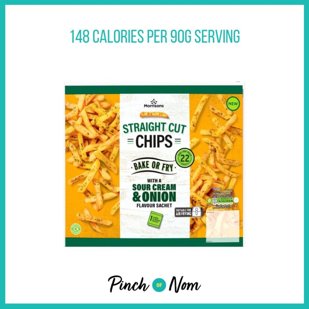 Morrisons Sour Cream & Onion Sachet Chips, featured in Pinch of Nom's Weekly Pinch of Shopping with the calorie count printed above (148 calories per 90g serving) 
