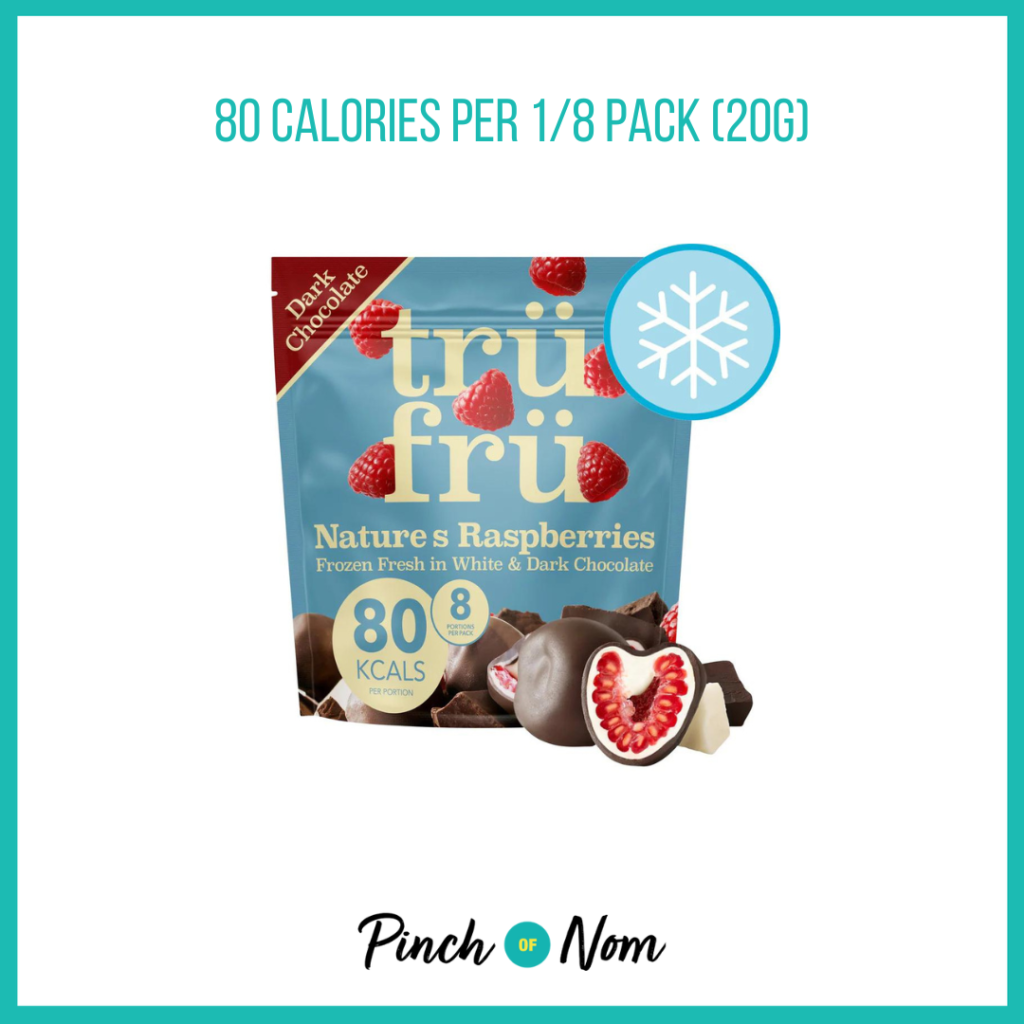 TrüFrü White & Dark Chocolate covered Raspberries, featured in Pinch of Nom's Weekly Pinch of Shopping with the calorie count printed above (80 calories per 1/8 pack (20g)).