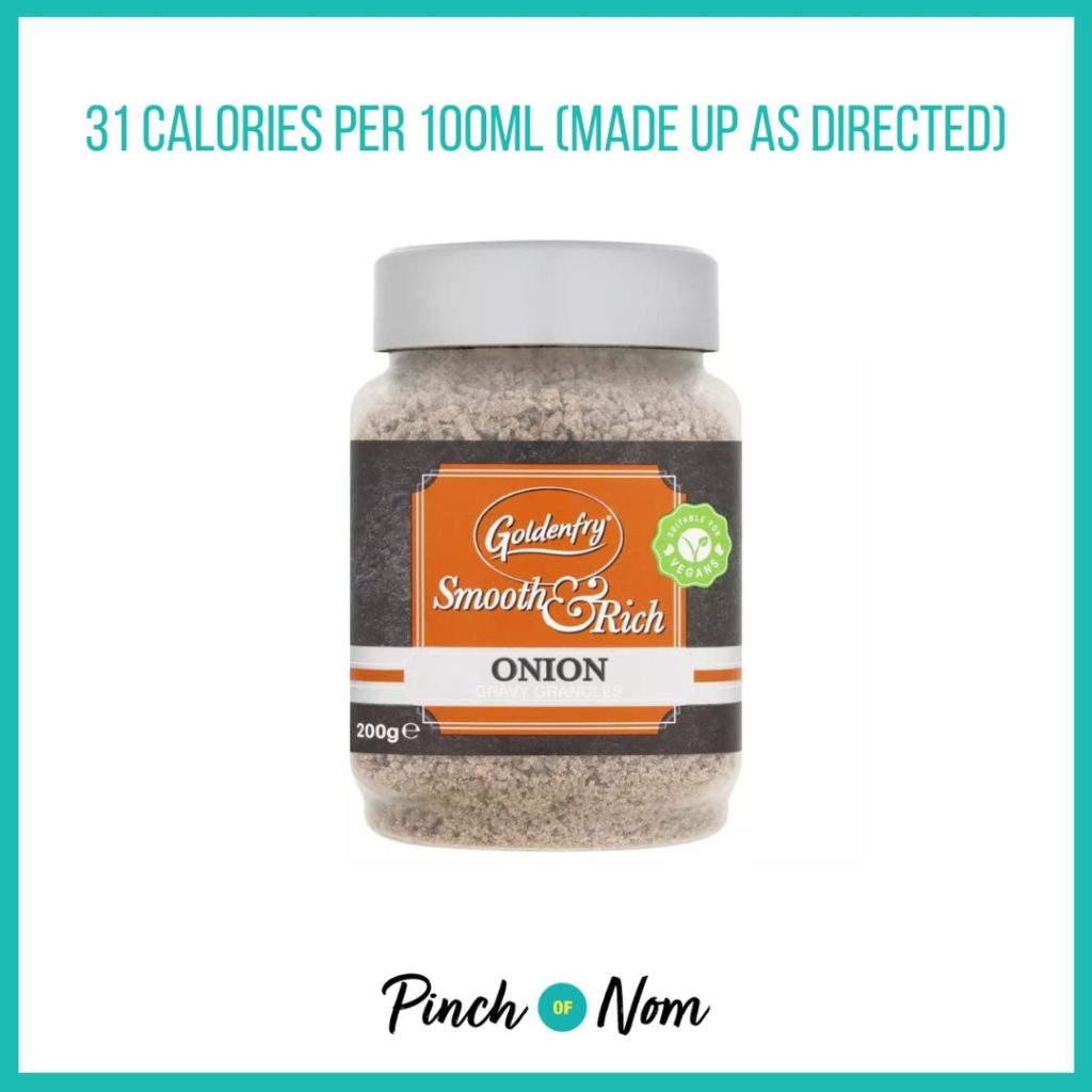 Goldenfry Smooth & Rich Onion Gravy Granules, featured in Pinch of Nom's Weekly Pinch of Shopping with the calorie count printed above (31 calories per 100ml).