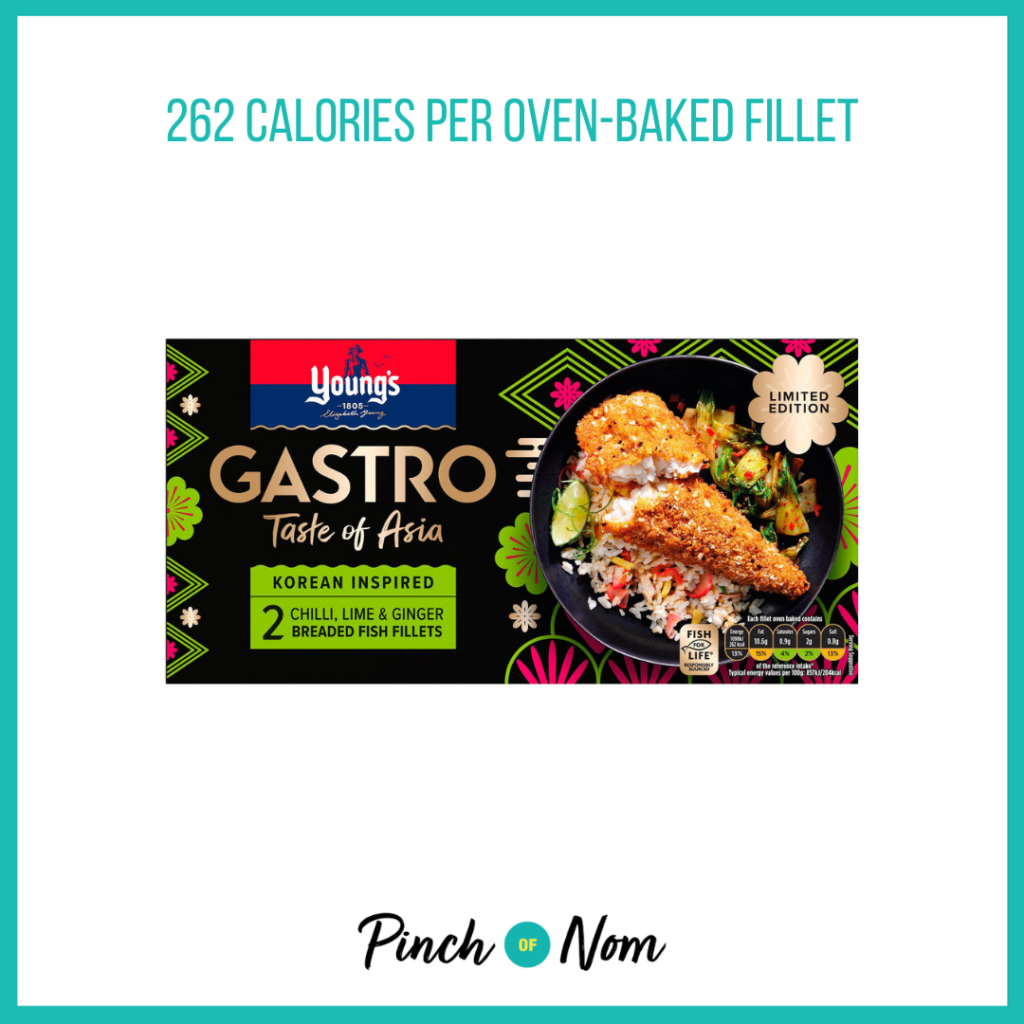 Young's Limited Edition Gastro Chilli, Lime & Ginger Breaded Fish Fillets, featured in Pinch of Nom's Weekly Pinch of Shopping with the calorie count printed above (262 calories per oven-baked fillet).