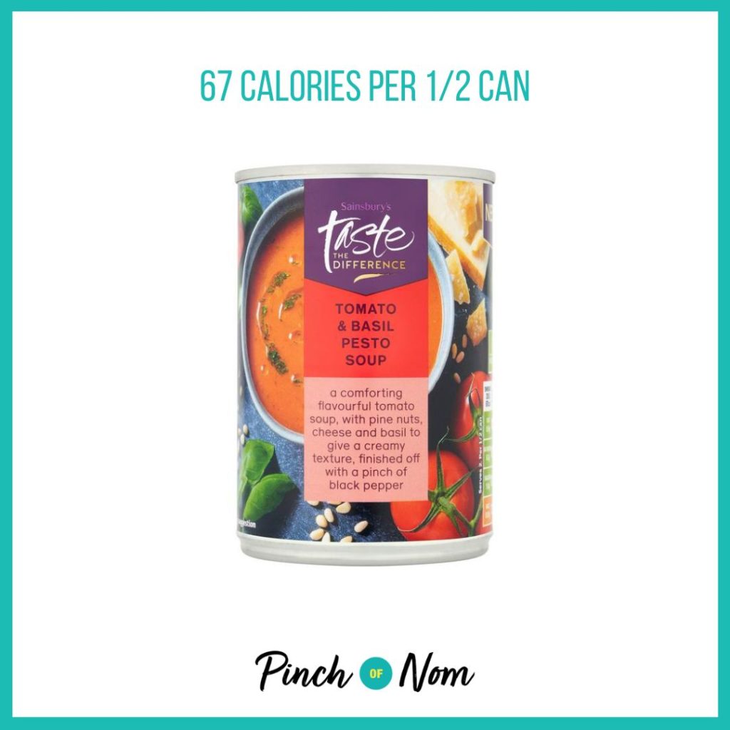 Sainsbury's Tomato & Basil Pesto Soup, featured in Pinch of Nom's Weekly Pinch of Shopping with the calorie count printed above (67 calories per 1/2 can) 
