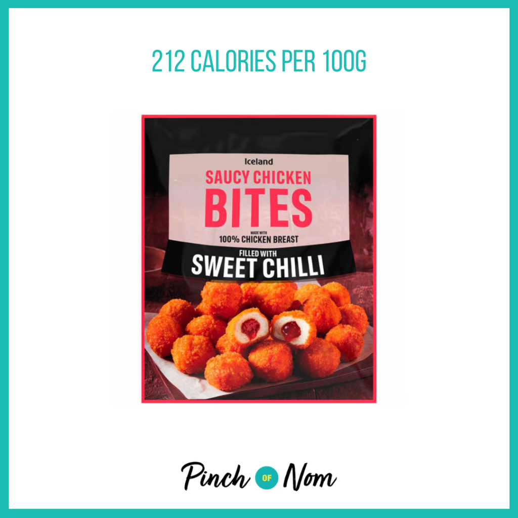 Iceland Sweet Chilli Saucy Chicken Bites, featured in Pinch of Nom's Weekly Pinch of Shopping with the calorie count printed above (212 calories per 100g).