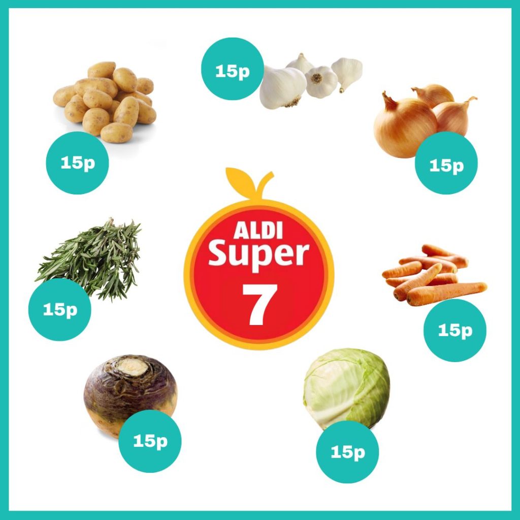 The fruit and veg selection from Aldi's Super 7, alongside their prices, featured in Pinch of Nom's Weekly Pinch of Shopping.