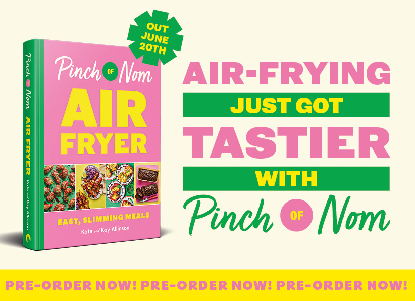 A banner advertising that Pinch of Nom: Air Fryer is available to pre-order, with text that reads 'AIR-FRYING JUST GOT TASTIER WITH PINCH OF NOM' and 'OUT JUNE 20TH!'.
