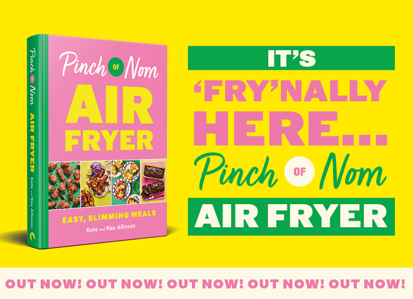 A banner advertising that Pinch of Nom: Air Fryer is out now, with text that reads 'IT'S FRY-NALLY HERE' above the PINCH OF NOM logo and an 'OUT NOW' banner along the bottom.