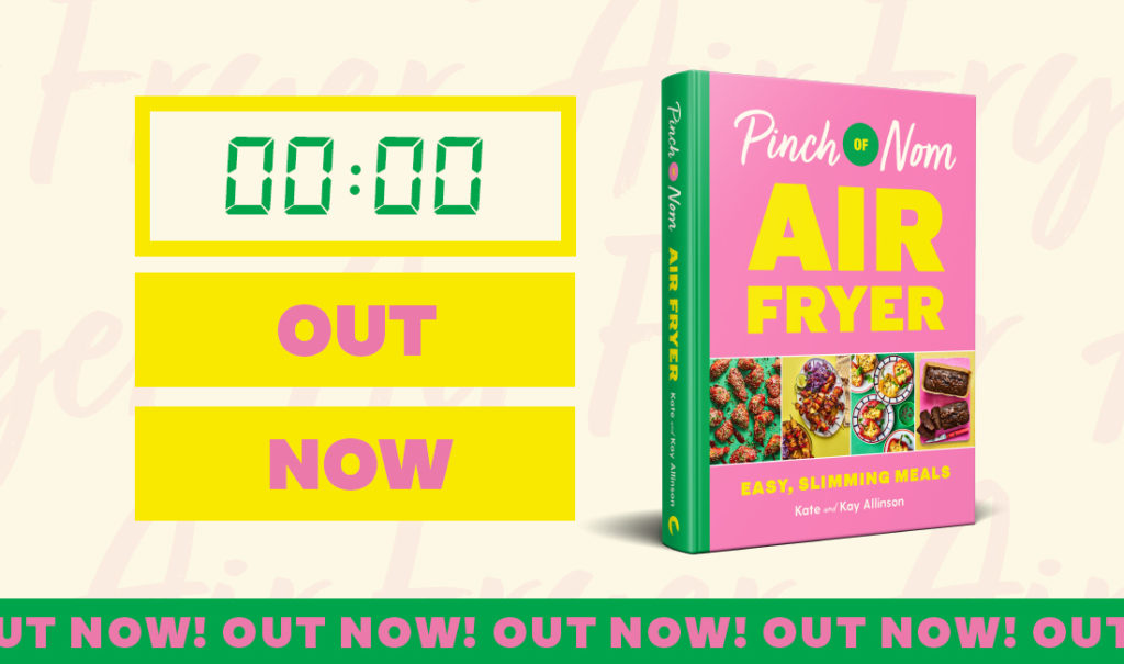 A banner advertising that Pinch of Nom: Air Fryer is out now. The book is placed next to a timer that reads 00:00 above the words 'OUT NOW'. An 'OUT NOW' banner runs along the bottom.