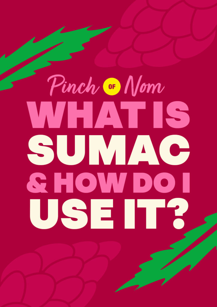 The words 'What is Sumac and How Do I Use It?' appear on a berry-themed background, with the Pinch of Nom logo above.