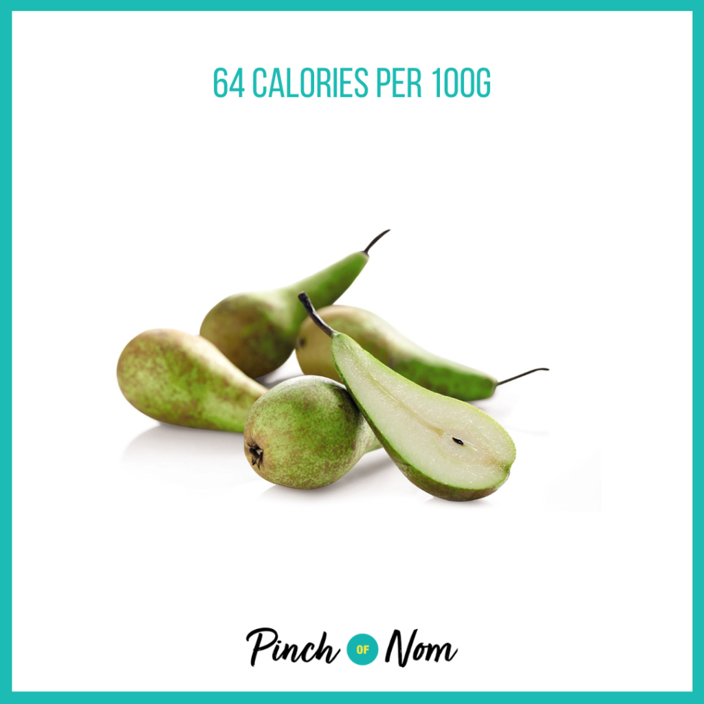 Conference pears from Aldi's Super 6 selection, featured in Pinch of Nom's Weekly Pinch of Shopping with calories above (64 calories per 100g).