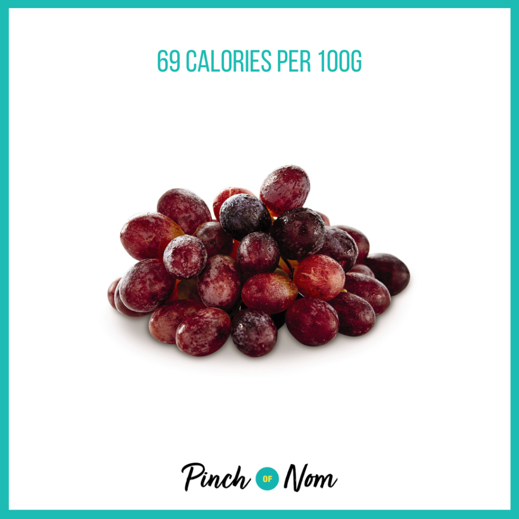 Red seedless grapes from Aldi's Super 6 selection, featured in Pinch of Nom's Weekly Pinch of Shopping with calories above (69 calories per 100g).