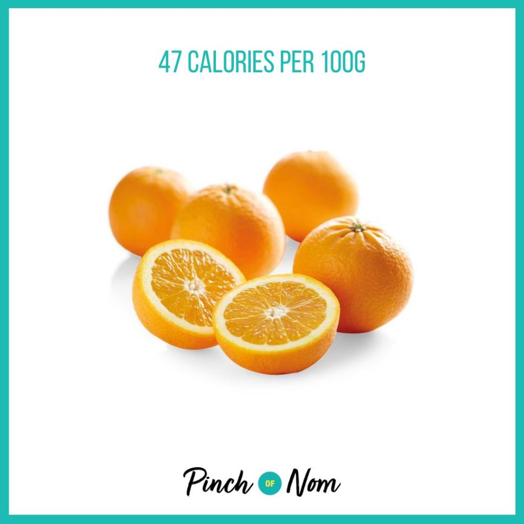 Oranges from Aldi's Super 6 selection, featured in Pinch of Nom's Weekly Pinch of Shopping with calories above (47 calories per 100g). 