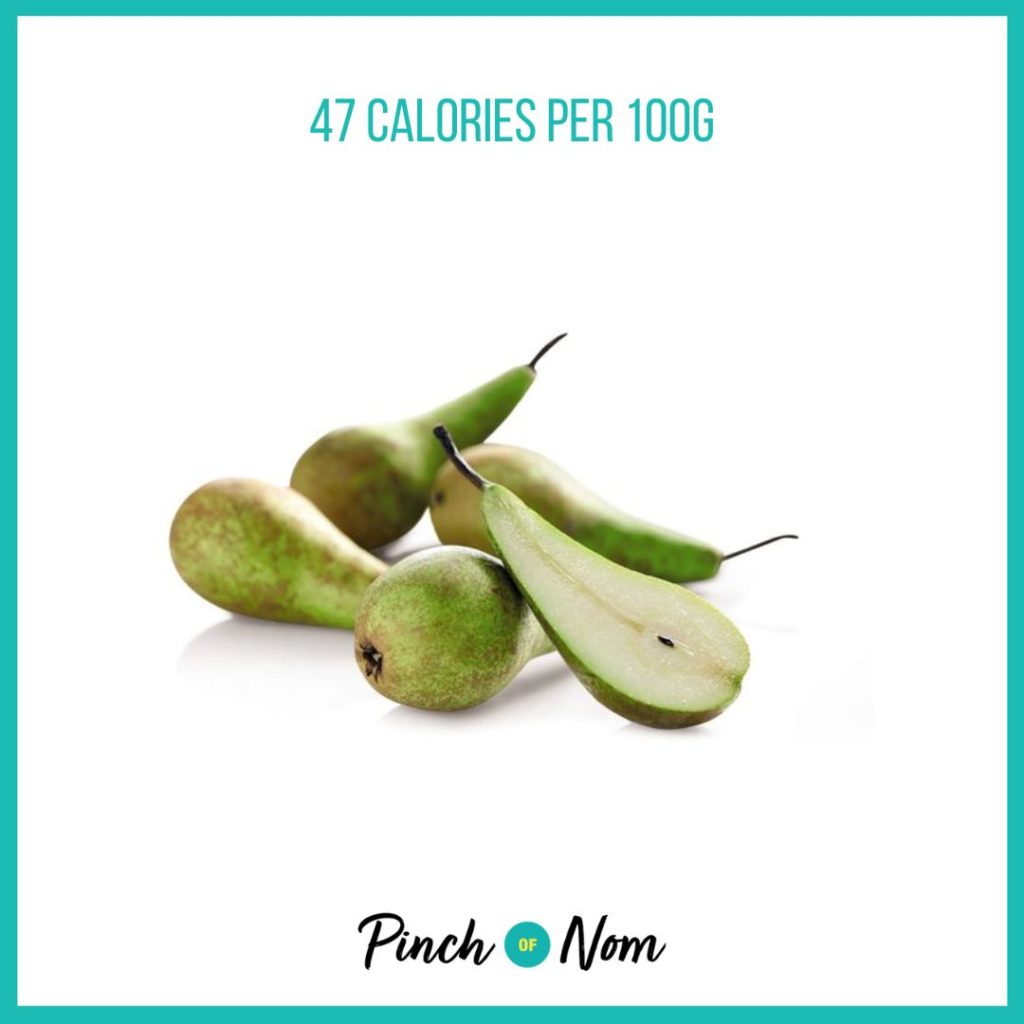 Sweet Pears from Aldi's Super 6 selection, featured in Pinch of Nom's Weekly Pinch of Shopping with calories above (47 calories per 100g). 
