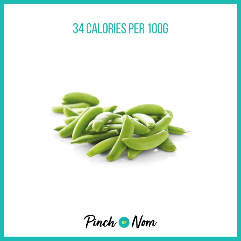 Sugar Snap Peas from Aldi's Super 6 selection, featured in Pinch of Nom's Weekly Pinch of Shopping with calories above (34 calories per 100g). 