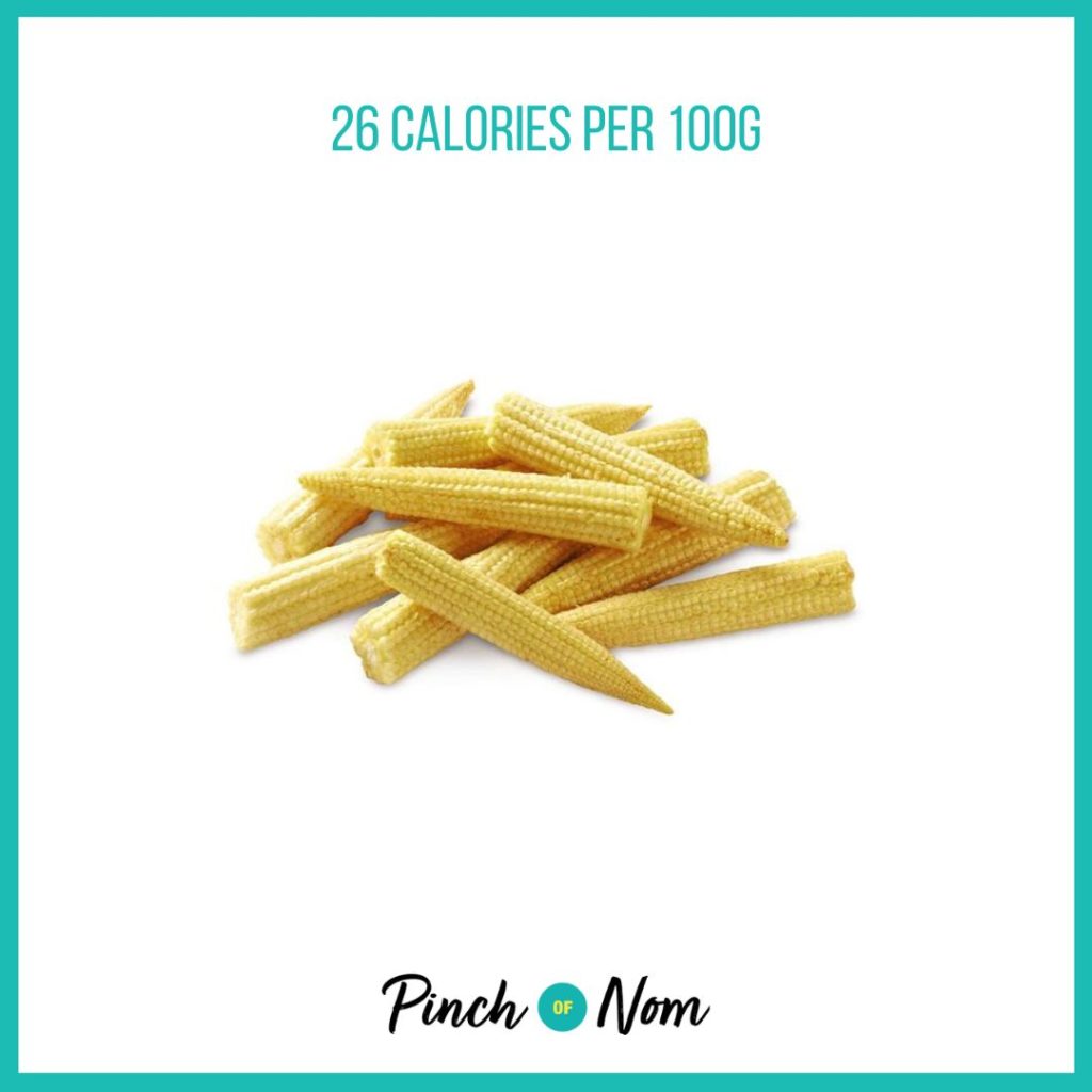 Baby corn from Aldi's Super 6 selection, featured in Pinch of Nom's Weekly Pinch of Shopping with calories above (26 calories per 100g). 