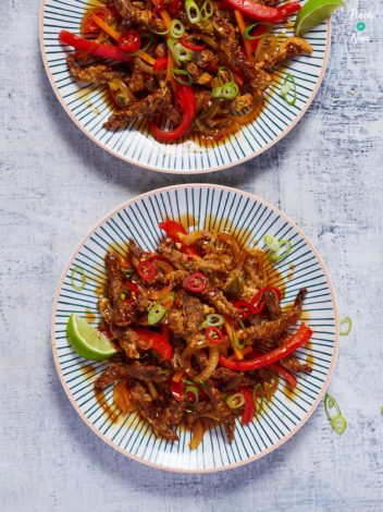 Air Fryer Crispy Chilli Beef pinchofnom.com