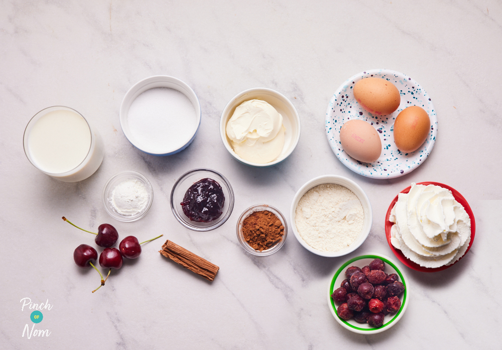 The ingredients for Pinch of Nom's Black Forest Trifle are set out on a kitchen counter, ready to make.