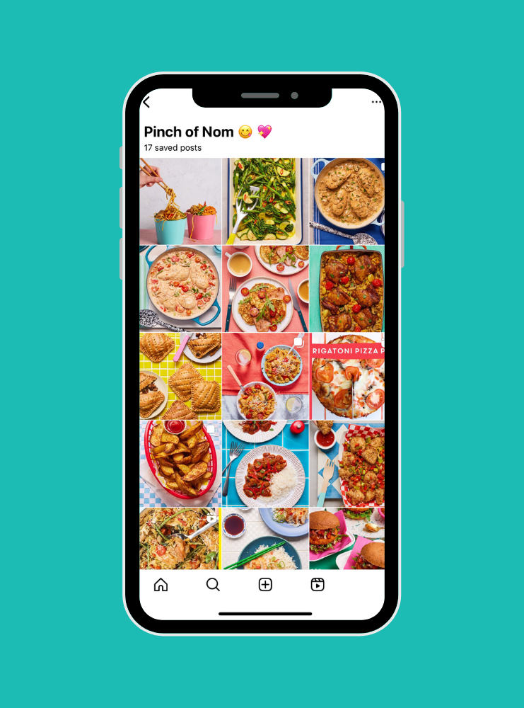 A screenshot of a Collections folder from Instagram named 'Pinch of Nom' where a number of different dishes have been saved.