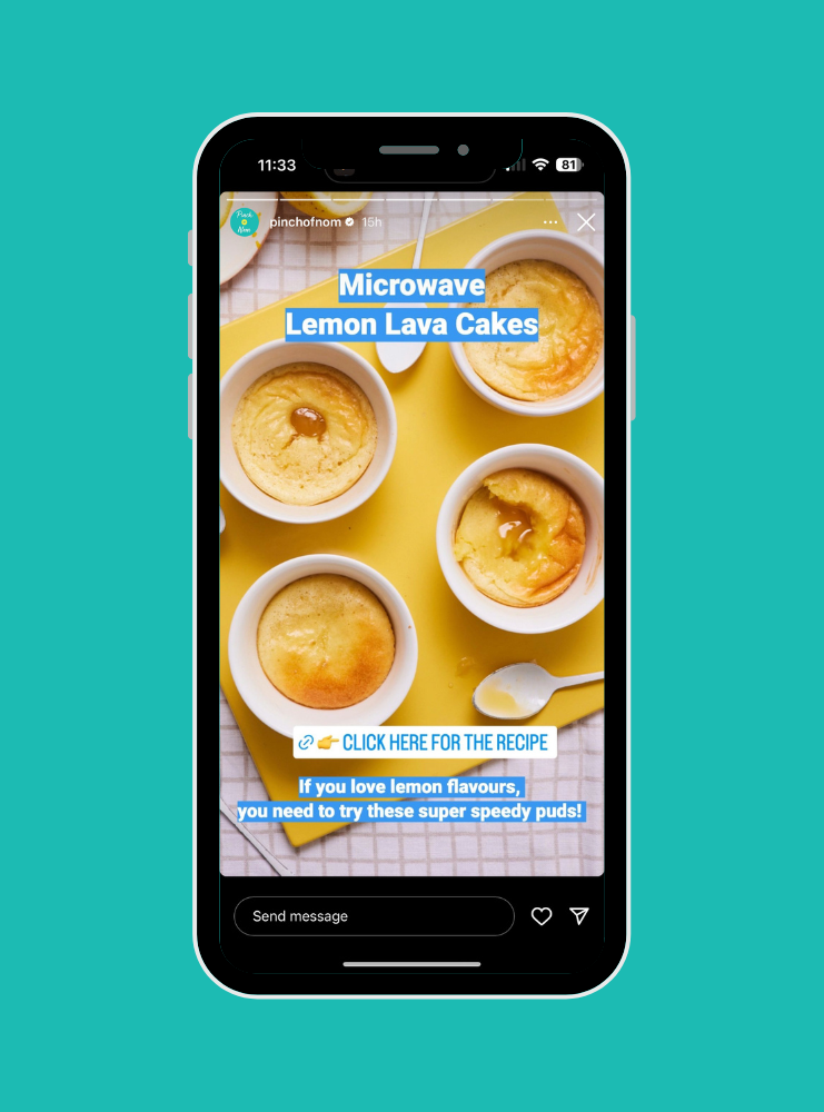 A screenshot of Pinch of Nom's Instagram stories where the recipe for Pinch of Nom's Microwave Lemon Lava Cakes is being shared with a link to the recipe.
