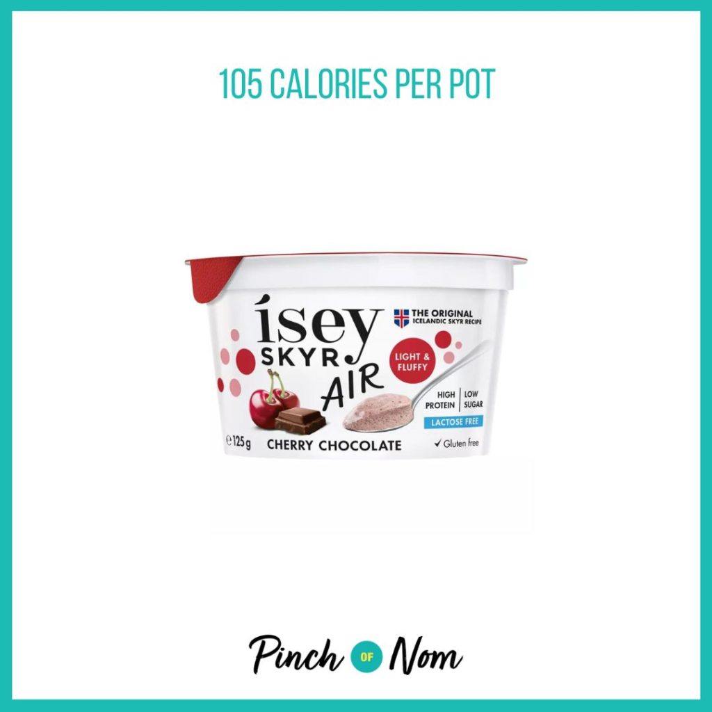 Ísey Skyr Air Cherry Chocolate featured in Pinch of Nom's Weekly Pinch of Shopping with the calorie count printed above (105 calories per pot). 