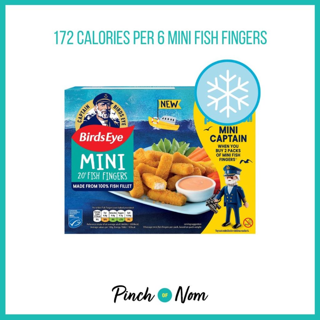 Birds Eye Mini Fish Fingers featured in Pinch of Nom's Weekly Pinch of Shopping with the calorie count printed above (172 calories per 6 mini fish fingers).