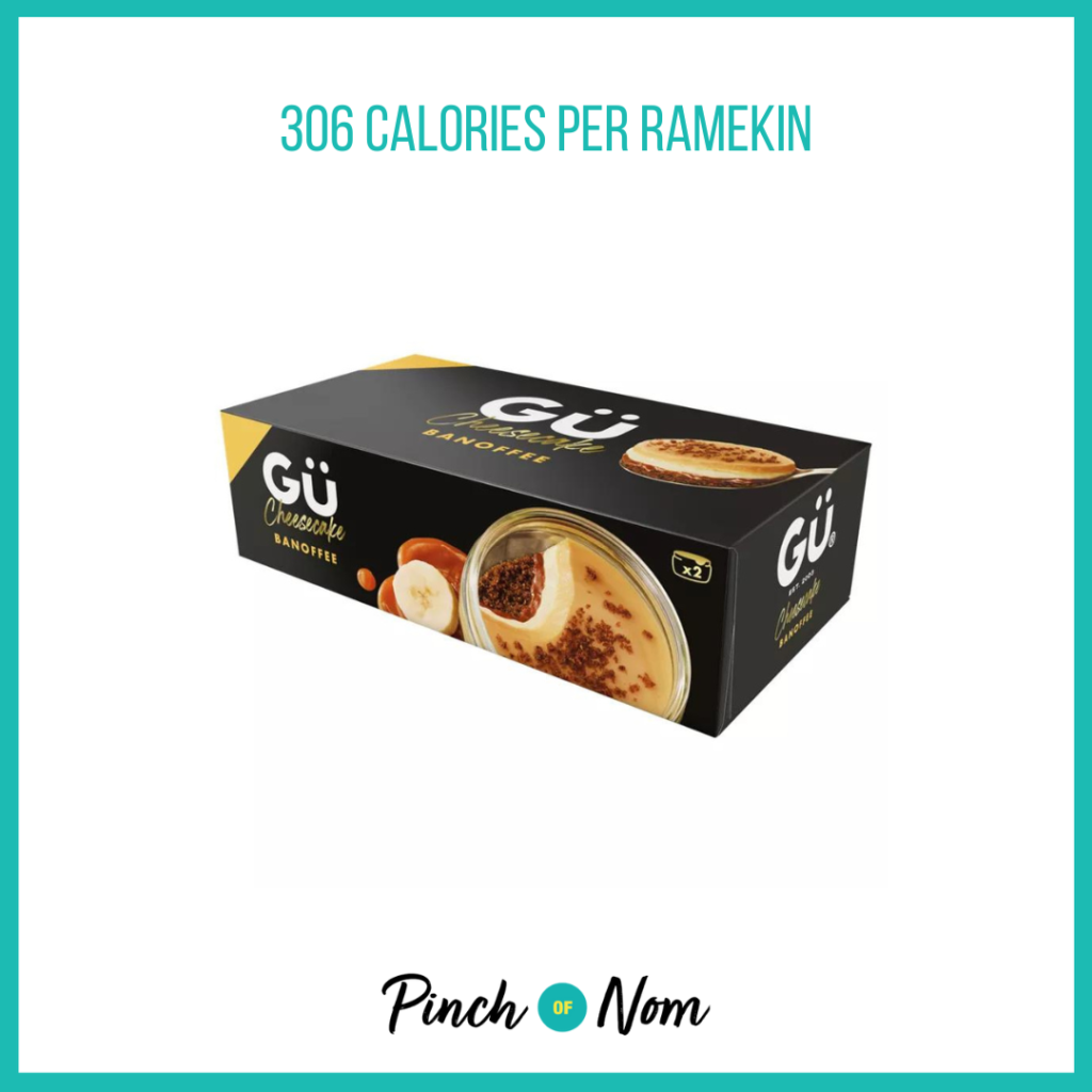 GÜ Banoffee Cheesecake featured in Pinch of Nom's Weekly Pinch of Shopping with the calorie count printed above (306 calories per ramekin).