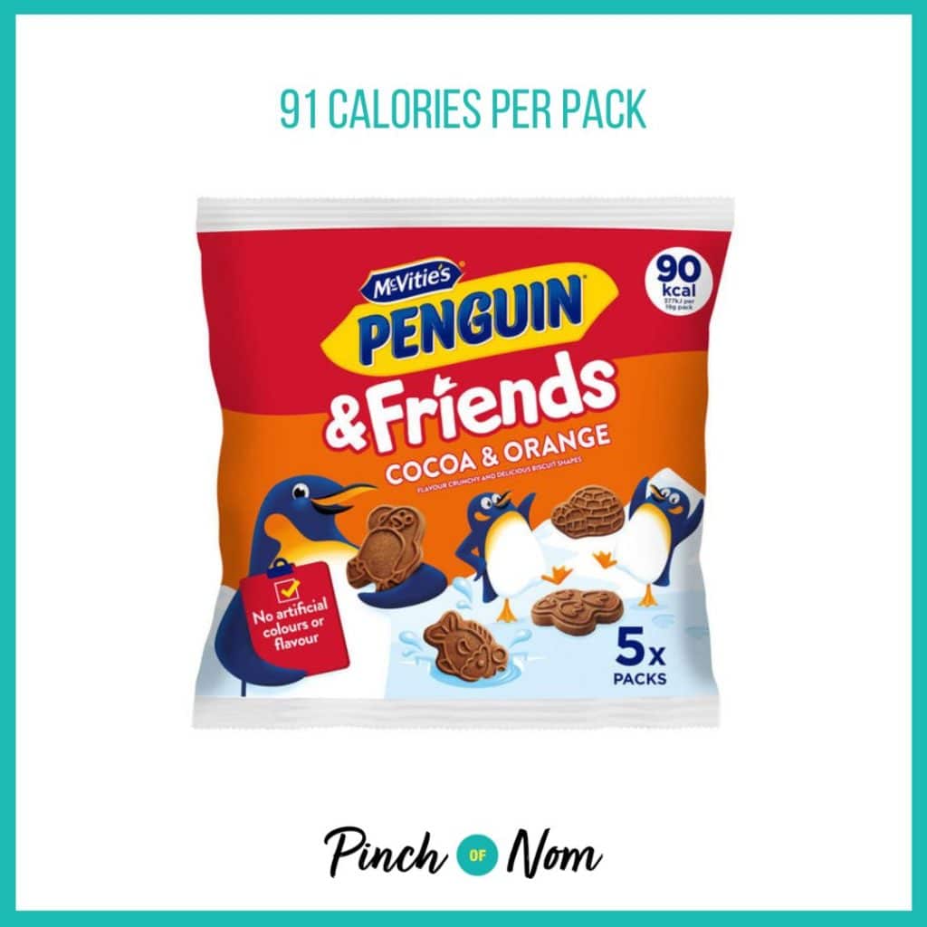 McVitie's Penguin & Friends Cocoa & Orange Flavoured Crunchy Biscuit Shapes featured in Pinch of Nom's Weekly Pinch of Shopping with the calorie count printed above (91 calories per pack).