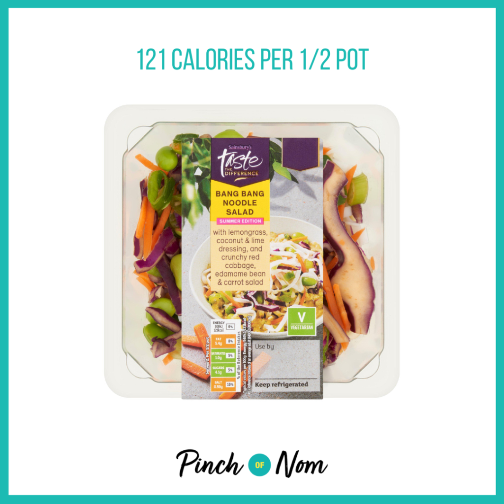 Sainsbury's Bang Bang Noodle Salad, Taste the Difference featured in Pinch of Nom's Weekly Pinch of Shopping with the calorie count printed above (121 calories per 1/2 pot).