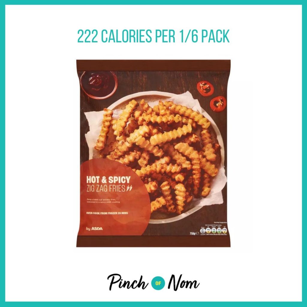 ASDA Hot & Spicy Zig Zag Fries featured in Pinch of Nom's Weekly Pinch of Shopping with the calorie count printed above (222 calories per 1/6 pack) 