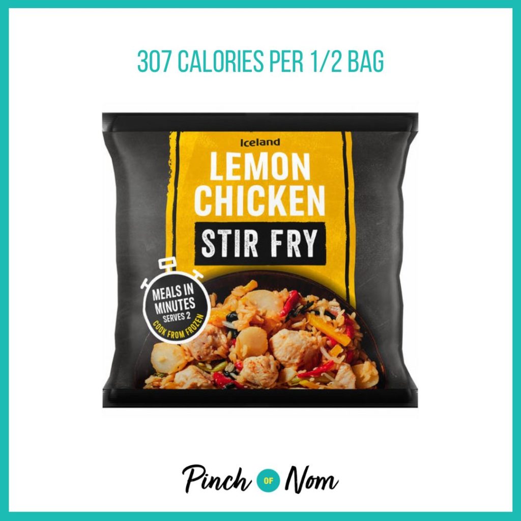 Iceland Lemon Chicken Stir Fry featured in Pinch of Nom's Weekly Pinch of Shopping with the calorie count printed above (307 calories per 1/2 bag).