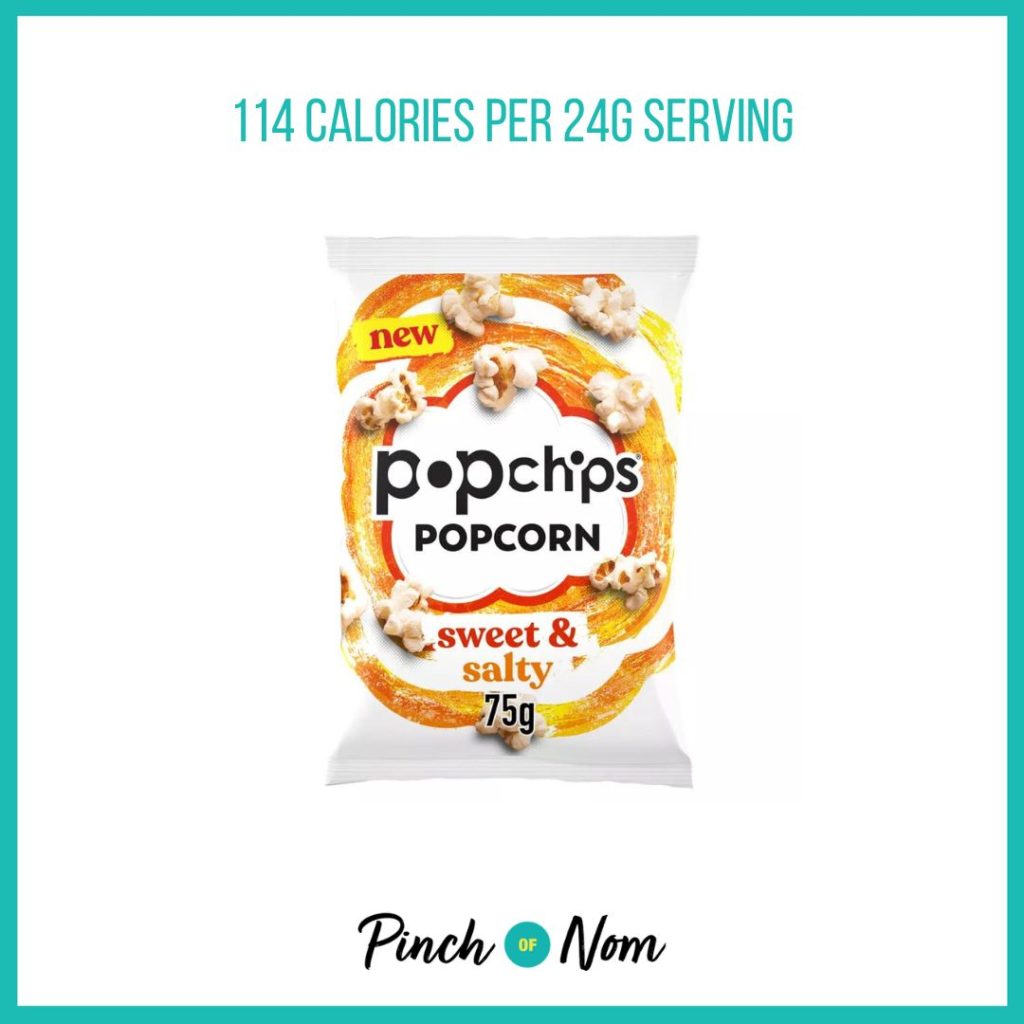 Popchips Sweet & Salty Popcorn, featured in Pinch of Nom's Weekly Pinch of Shopping with the calorie count printed above (114 calories per 24g serving). 
