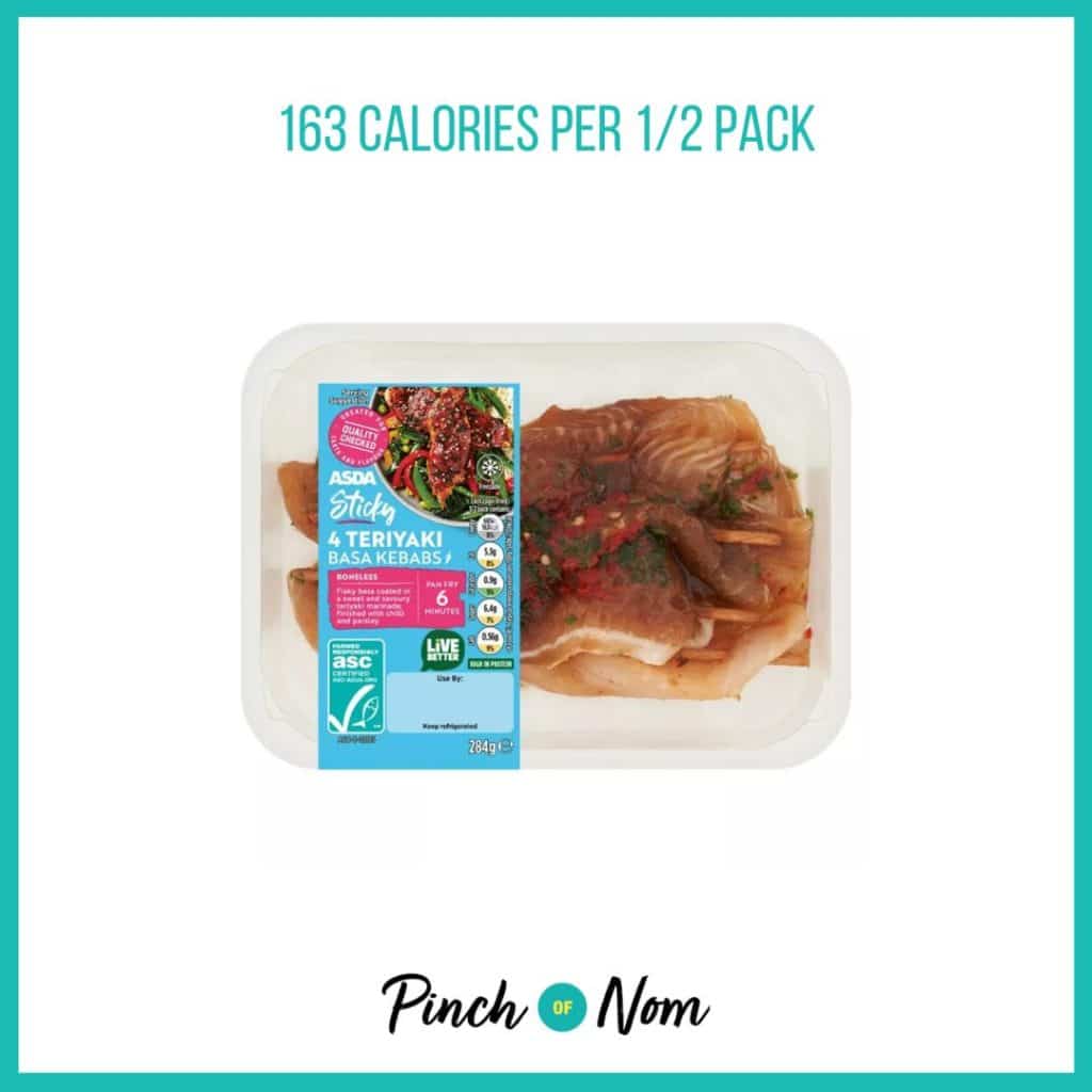 ASDA Sticky Teriyaki Basa Kebabs featured in Pinch of Nom's Weekly Pinch of Shopping with the calorie count printed above (163 calories per 1/2 pack).