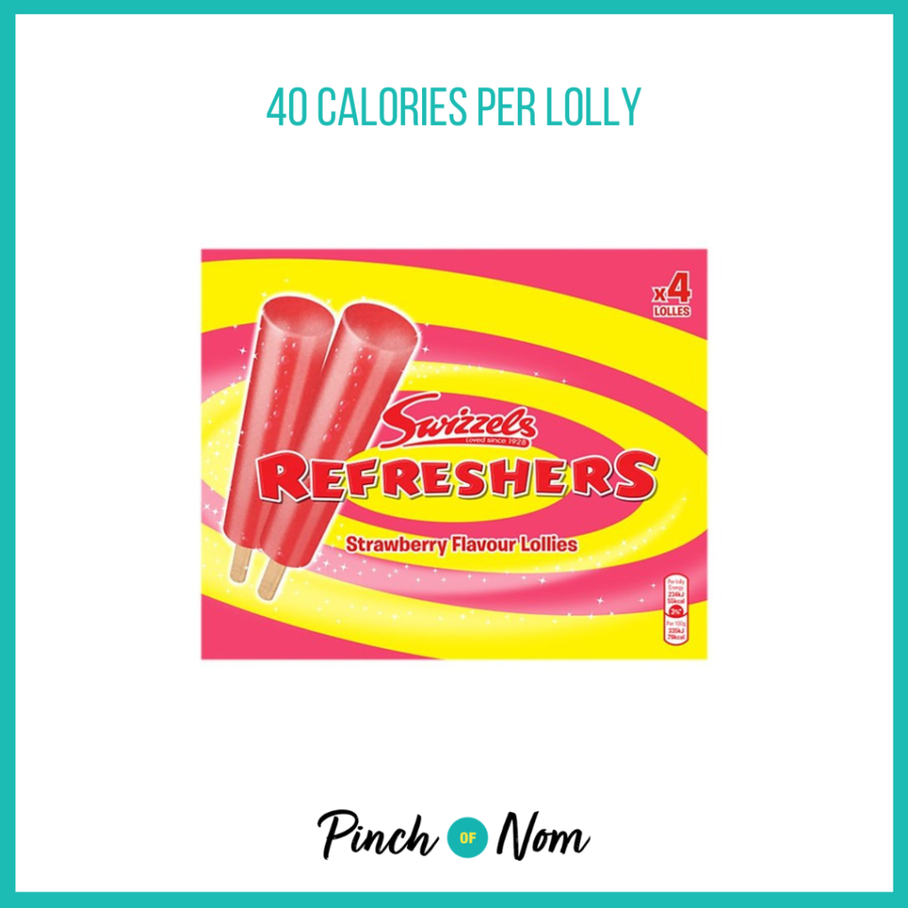 Refreshers Strawberry Ice Lollies featured in Pinch of Nom's Weekly Pinch of Shopping with the calorie count printed above (40 calories per lolly).