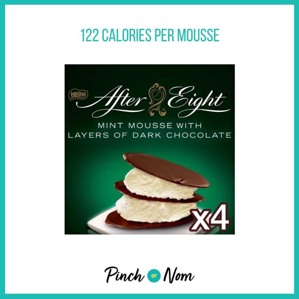 After Eight Chocolate Peppermint Flavoured Mousse, featured in Pinch of Nom's Weekly Pinch of Shopping with the calorie count printed above (122 calories per mousse). 