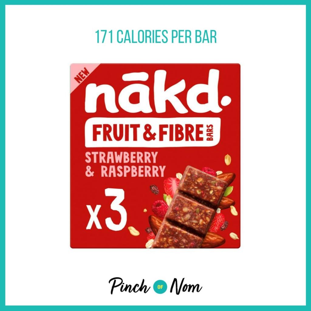 Nakd Fruit & Fibre Bar Strawberry & Raspberry featured in Pinch of Nom's Weekly Pinch of Shopping with the calorie count printed above (171 calories per bar). 