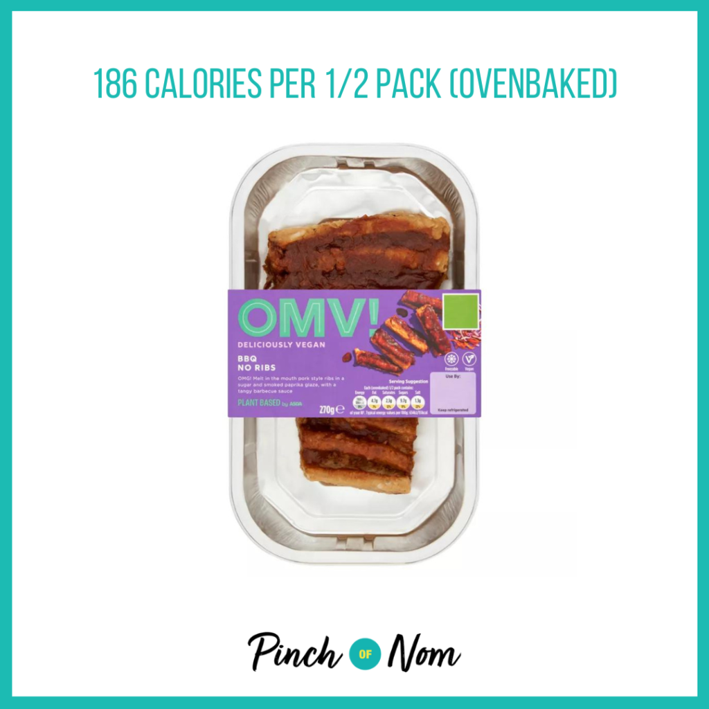 OMV! Deliciously Vegan BBQ No Ribs featured in Pinch of Nom's Weekly Pinch of Shopping with the calorie count printed above (186 calories per 1/2 pack ovenbaked).