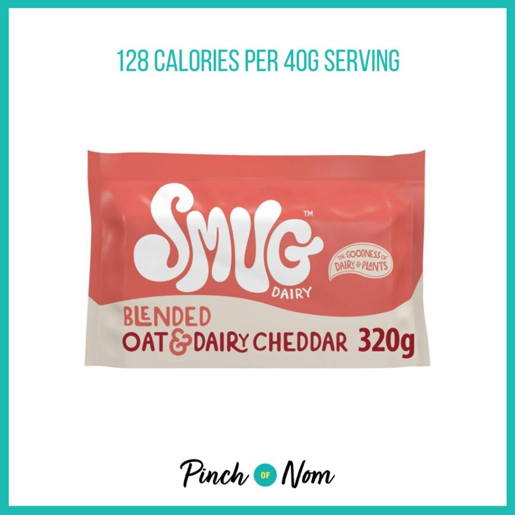Smug Dairy Blended Oat & Dairy Cheddar, featured in Pinch of Nom's Weekly Pinch of Shopping with the calorie count printed above (128 calories per 40g serving). 