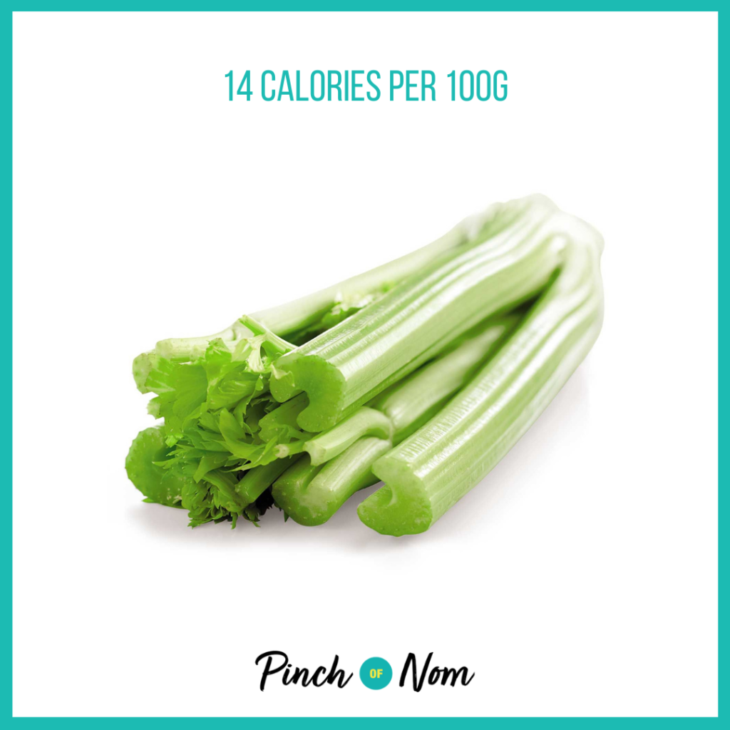 Celery from Aldi's Super 6 selection, featured in Pinch of Nom's Weekly Pinch of Shopping with calories above (14 calories per 100g).