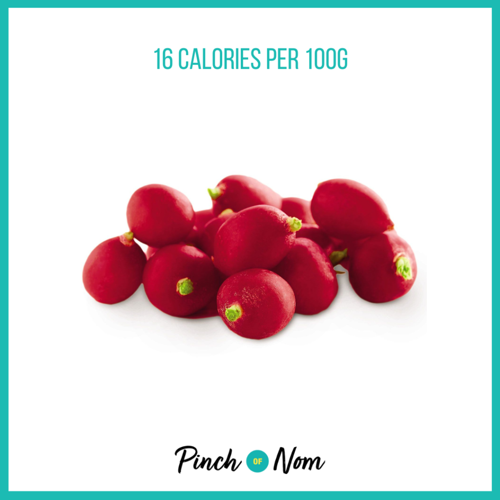 Radishes from Aldi's Super 6 selection, featured in Pinch of Nom's Weekly Pinch of Shopping with calories above (16 calories per 100g).