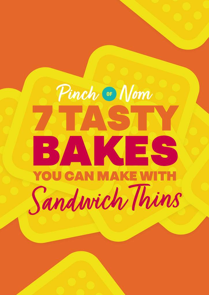 The words '7 Tasty Bakes You Can Make With Sandwich Thins' appear on a bright-orange background with yellow illustrations of sandwich thins in the centre.