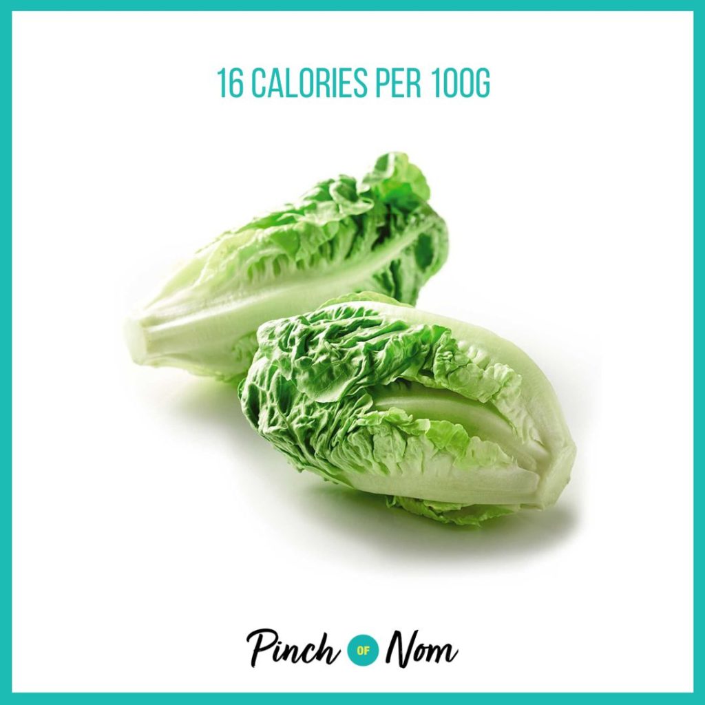 Little Gem Lettuce from Aldi's Super 6 selection, featured in Pinch of Nom's Weekly Pinch of Shopping with calories above (16 calories per 100g).