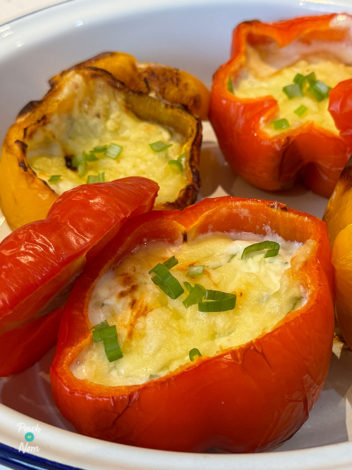 Air Fryer Cheese, Onion and Sweetcorn-Stuffed Peppers pinchofnom.com